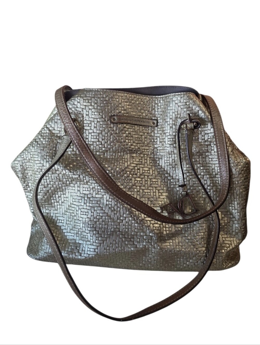 Diane Von Furstenberg Beat Up Metallic Gold Woven Leather Shoulder Bag